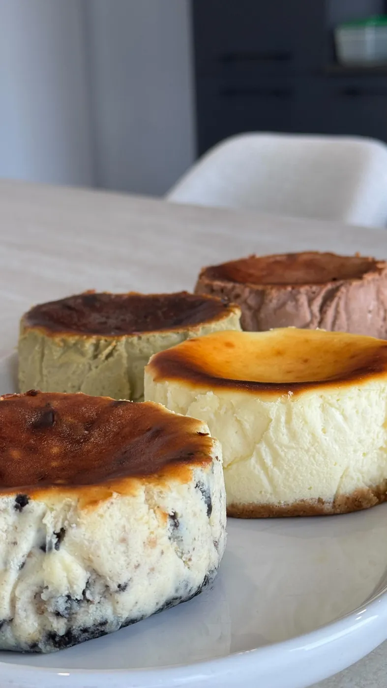 Four small tartzas on a white plate: Oreo, Classic, Pistachio and Nutella.